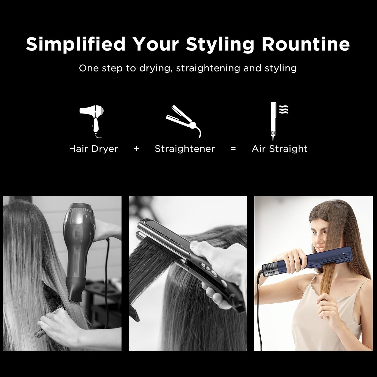 IG INGLAM Air Straightener, Style from Wet Hair, 2.2' Hair Dryer Straightener, 200M Negative Ionic, One-Step Air Straight for Medium and Long Length(14'-30'), Prussian Blue