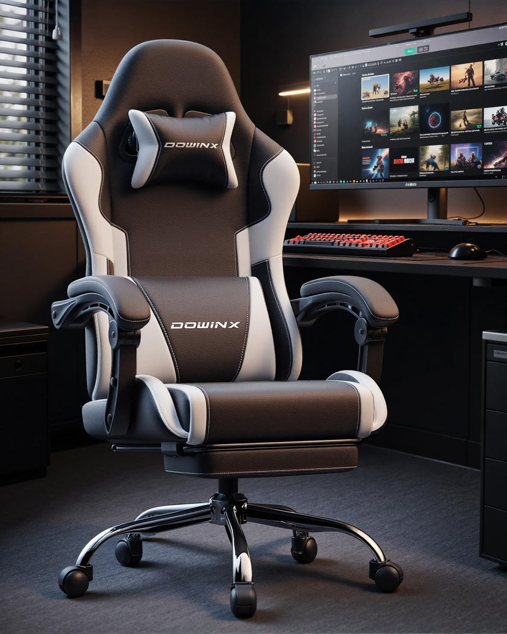 Dowinx Ergonomic Gaming Chair with Footrest & Massage Lumbar, 2D-Linkage Armrests for Computer Chair 330lbs with Headrest Pillow for Office, Home, Streaming and Long Gaming Sessions, White
