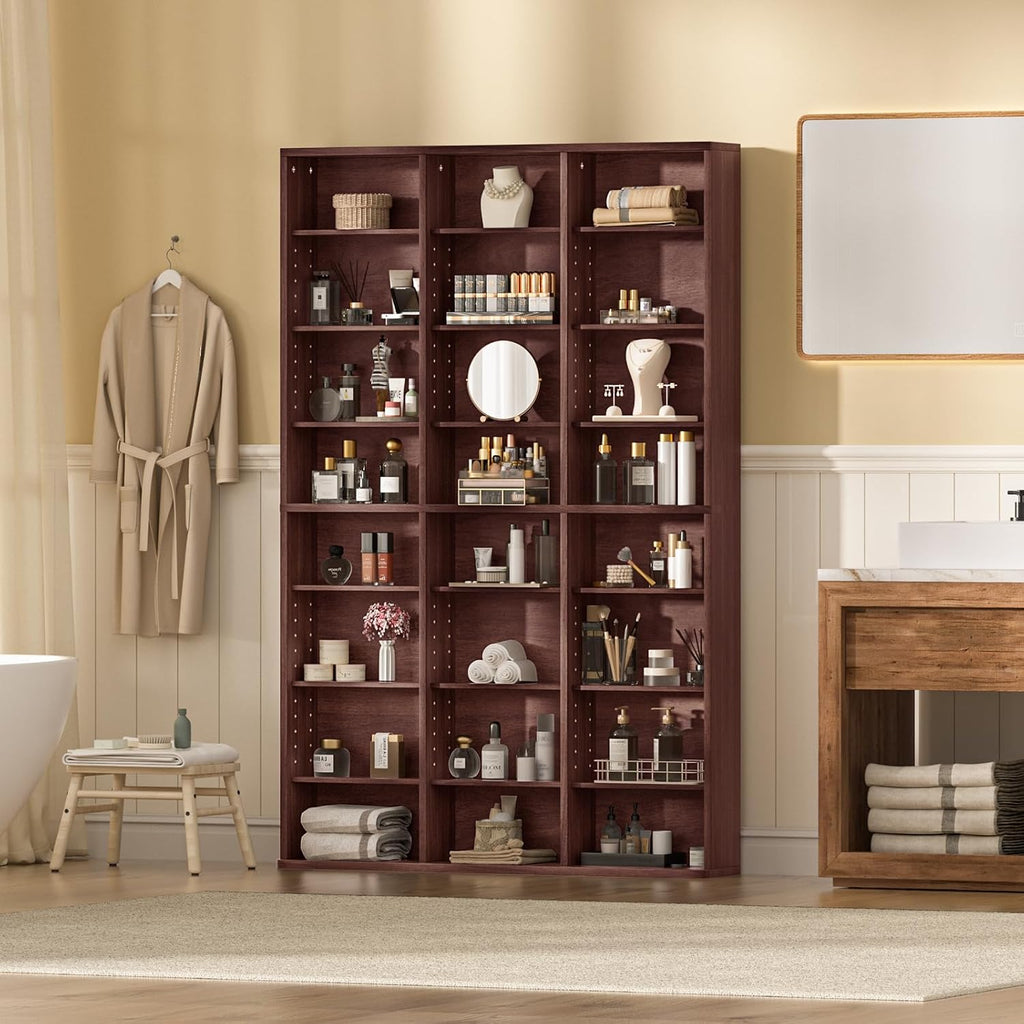 LELELINKY 8 Tier Tall Display Cabinet, Walnut Media Storage Cabinet with Adjustable Shelves, Free Standing DVD Organizer Shelf, Floor Multimedia Storage Manga Bookshelf for Living Room & Home Office.