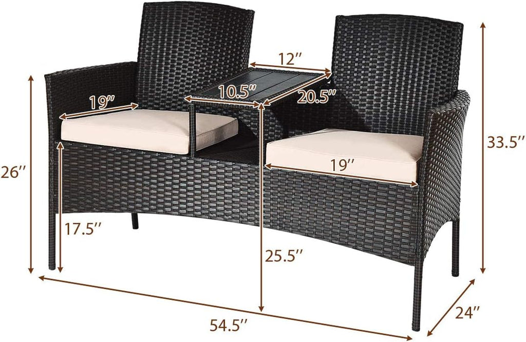 Tangkula Outdoor Rattan Loveseat with Built-in Coffee Table, 2-Person Patio Conversation Set with Cushions & Table, Modern Patented Wicker Sofa Set, Wicker Sofa for Garden Lawn Backyard, Beige