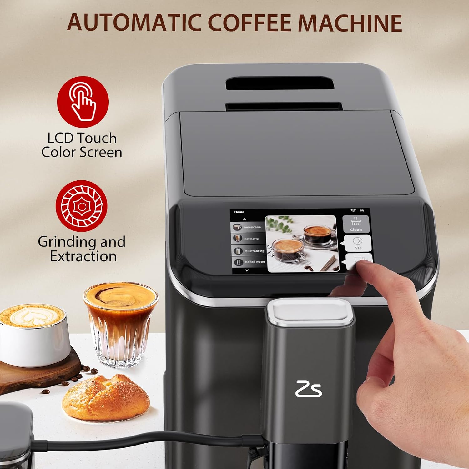 Fully Automatic Espresso Machine with Grinder, Espresso Machine with Milk Frother, 1-15 Adjustable Grind Size Levels, 1.5L Water Tank, Auto-Cleaning, Cappuccino & Latte Machine for Home