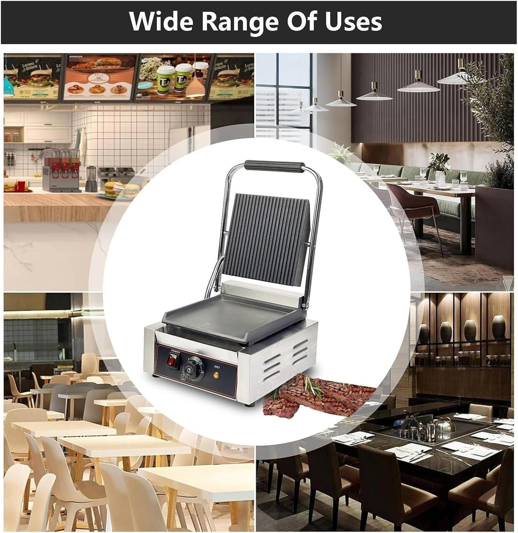 Commercial Sandwich Grill,Electric Sandwich Contact Grill Non Stick Sandwich Press with 50-300℃ Temperature For Kitchen, Restaurant Use(Grooved)