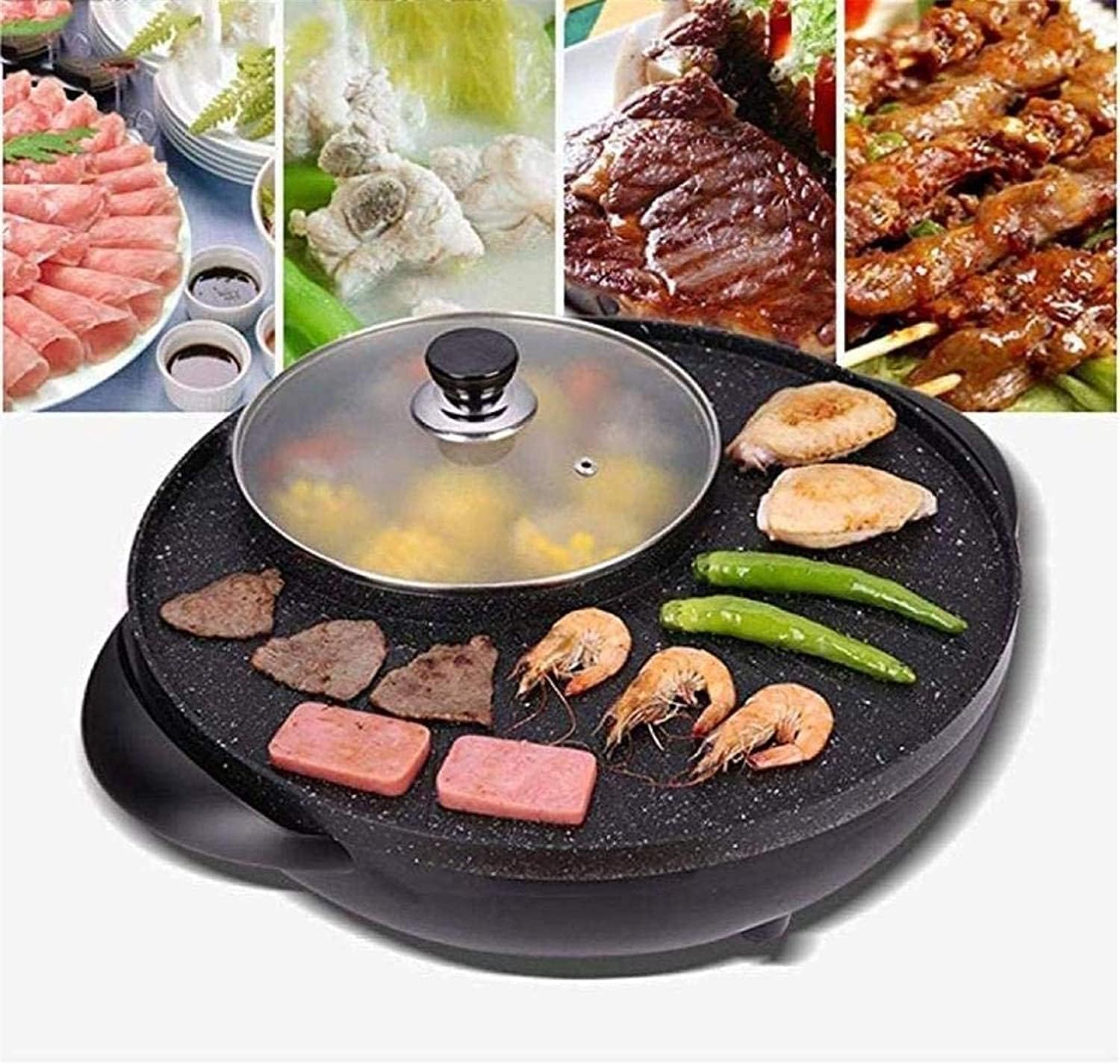 Electric BBQ Grill Indoor BBQ Grill and Hot Pot,Multi-Function Barbecue Hot Pot Double Pot Electric Grill Home Electric Baking Tray 1500W [Energy Class A],Portable Nonstick Griddle