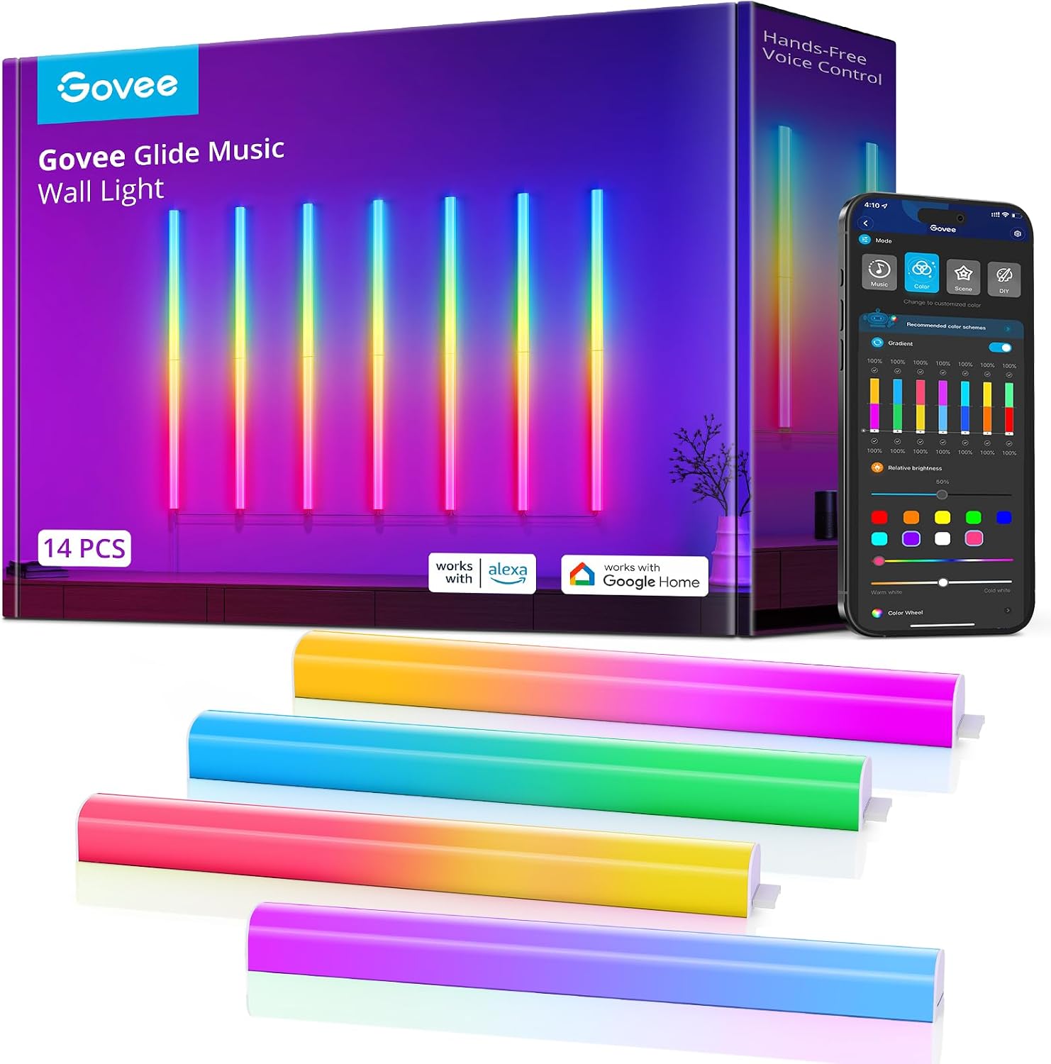 Govee Glide RGBIC Wall Lights, Music Wall Lights Works with Alexa and Google Assistant, Smart LED Light Bars for Bedroom, Living Room, Gaming Room, Party, Music Sync, 7 Panels Set (2 Sections/Panel)
