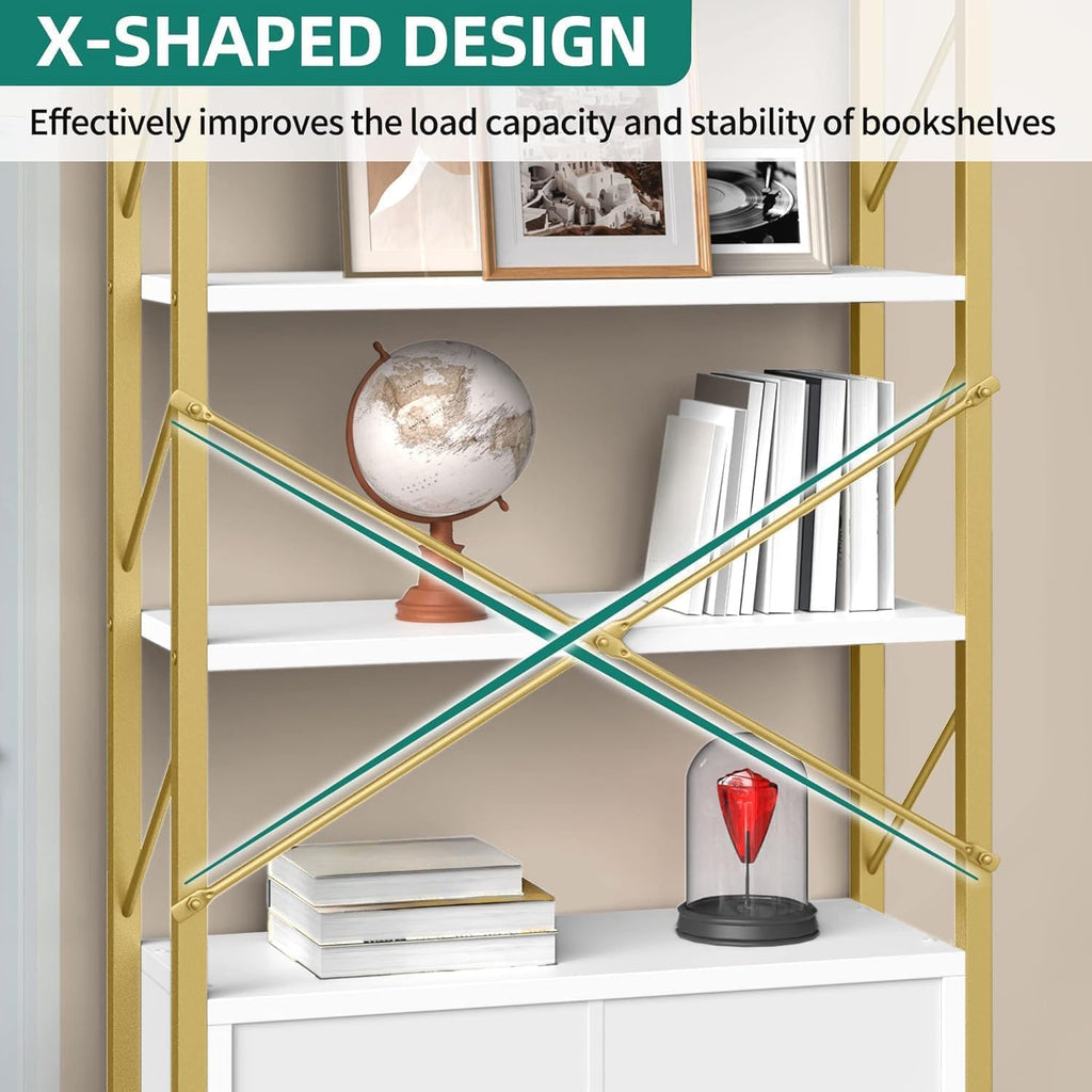 YITAHOME Bookshelf with Storage Cabinet, Modern Bookcase Standing 5 Tiers Book Shelves Display Rack with Doors for Bedroom Living Room Office, White Gold
