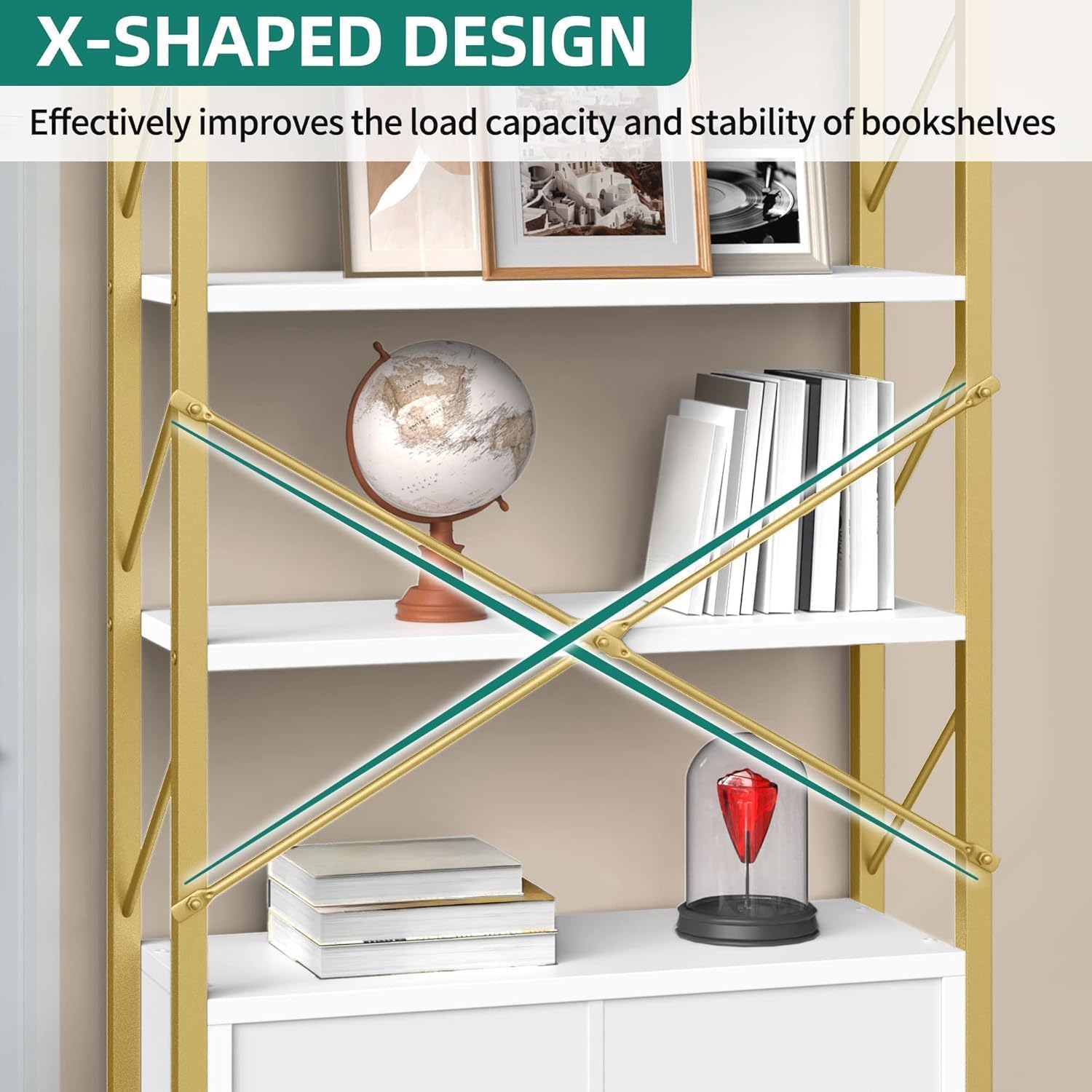 YITAHOME Bookshelf with Storage Cabinet, Modern Bookcase Standing 5 Tiers Book Shelves Display Rack with Doors for Bedroom Living Room Office, White Gold