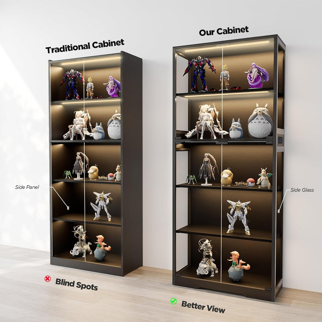 Glass Display Cabinet, 5-Tier Curio Cabinet with Glass Doors, Dimming LED Lights & Motion Sensor, for Collectible Figures, Living Room, Bedroom, or Office (Iron Frame Black)
