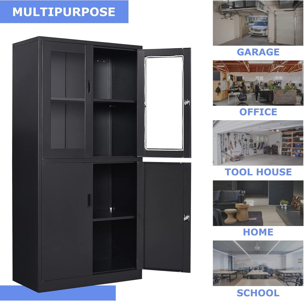71'H Display Cabinet with Adjustable Shelves, 4 Door Display Cabinets with Glass Door, Black Metal Display case, Locking Steel Storage Caninet for Home/Office/Living Room -Assembly Required