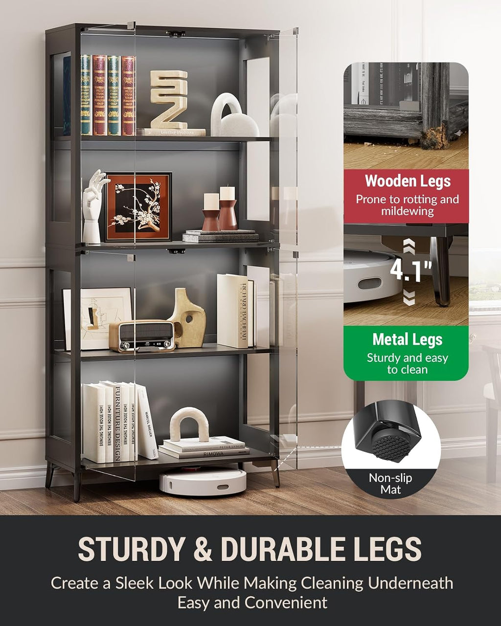 Glass Display Cabinet with Doors, 4-Tier Display Case with Adjustable Shelves, RGB LED Lights with App & Remote Control, Curio Storage Cabinet with Metal Base for Collectibles, Books, Black