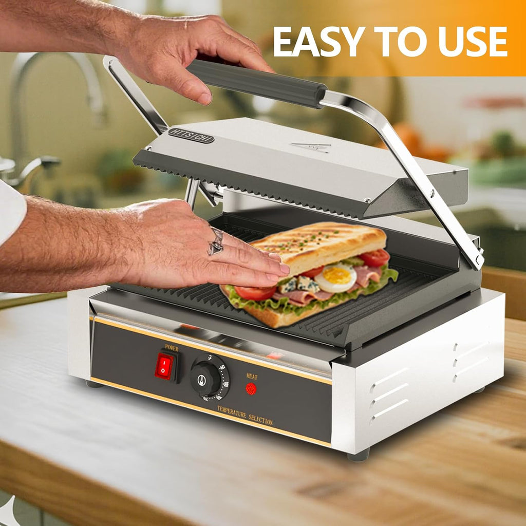 Commercial Panini Press - 2200W Commercial Electric Panini Sandwich Grill w/Nonstick Coating & Adjustable Temp, Panini Grill Press w/ 14'x9' Cooking Pan, Double-sided Heating
