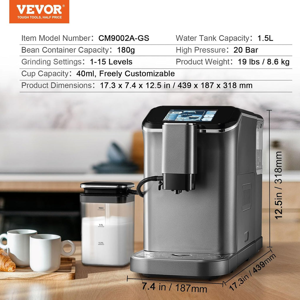 VEVOR Fully Automatic Espresso Machine - with Automatic Milk Frother, 20 Bar Super-Automatic Cappuccino Latte Machine with TFT Touch Screen, Grinder, 15 Grinding Levels, and Removable Milk Reservoir
