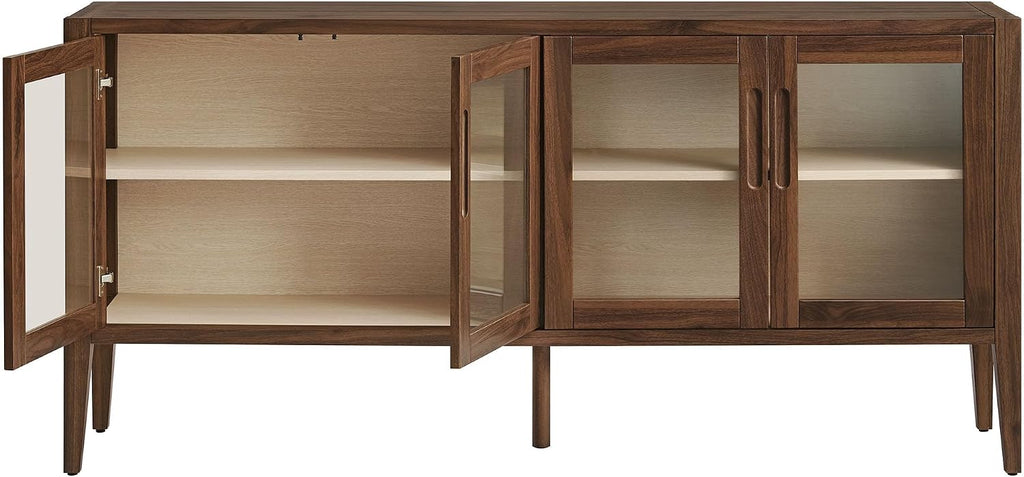Modway Nell 72 Inch Sideboard Buffet Cabinet with Glass Doors in Walnut – Modern Storage Display Case with Adjustable Shelves for Dining Room, Kitchen, Living Room