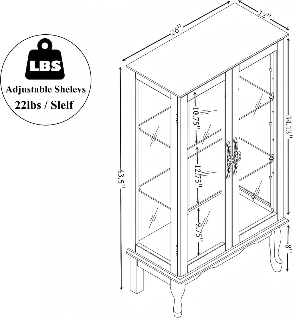 43' H Lighted Curio Cabinet Display Case with Light Bulb, Glass Curio Cabinet with Adjustable Shelves & Tempered Glass Door, Wooden Cabinets w/Mirrored Back Pane for Living Room(Cherry)