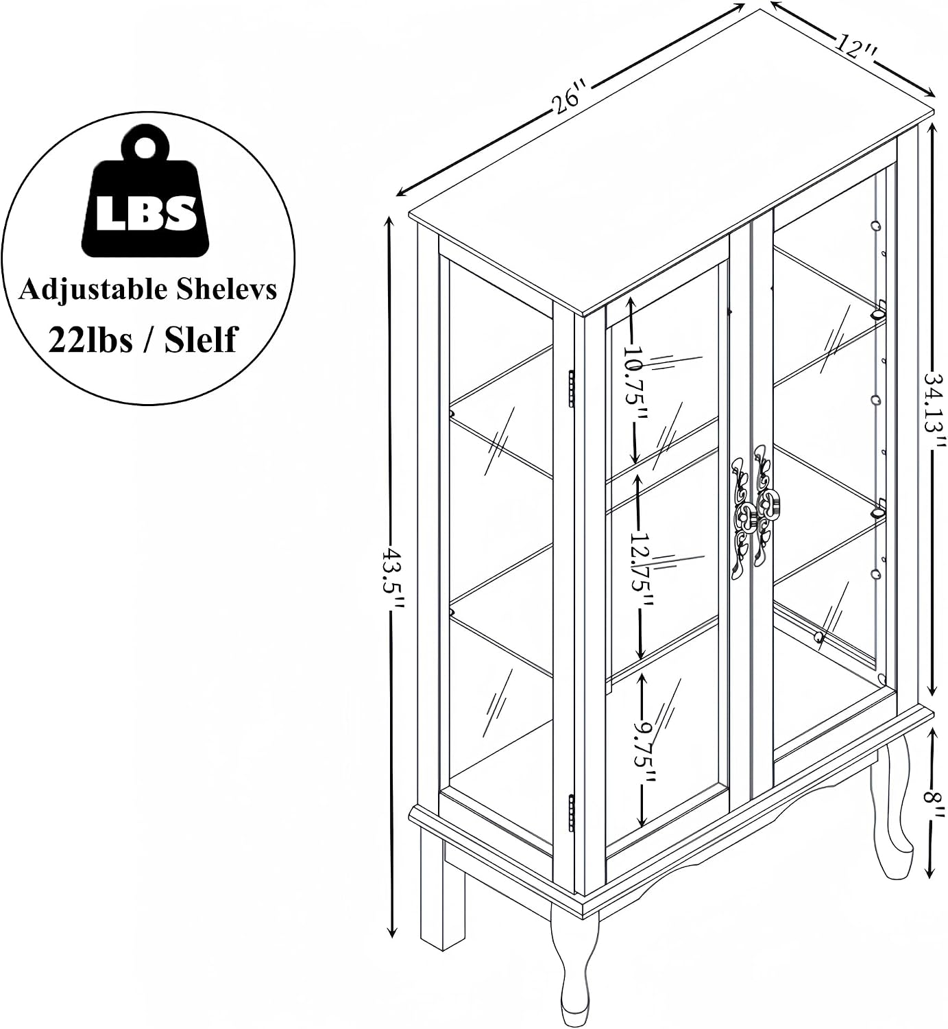 43' H Lighted Curio Cabinet Display Case with Light Bulb, Glass Curio Cabinet with Adjustable Shelves & Tempered Glass Door, Wooden Cabinets w/Mirrored Back Pane for Living Room(Cherry)