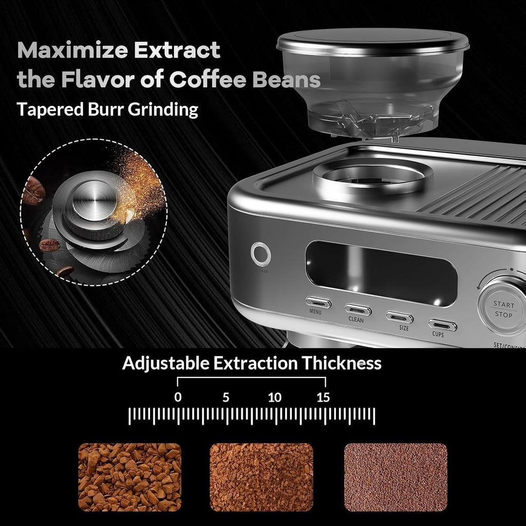 Espresso Machine 15 Bar, LCD Display Espresso Maker with Grinder, Milk Frother and PID Temperature Control, Professional Coffee Maker for Latte Cappuccino - 8.8 Oz Bean Hopper