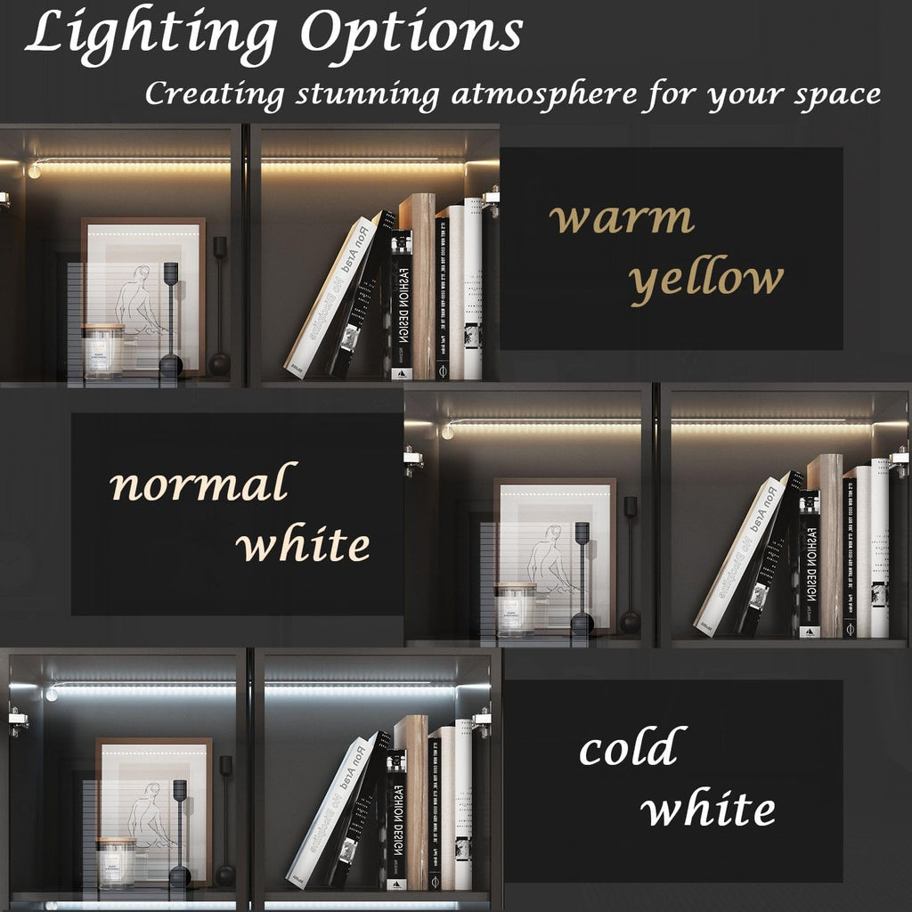 Display Cabinet with 4 Glass Doors and Lights, 5-Tier Storage Shelves, Pop-up Design, Trophy Case Display Cabinet for Collectibles, Black (31.5'W x 14.2'D x 78.7'H)