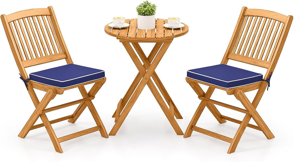 Tangkula 3 Pieces Acacia Wood Patio Folding Bistro Set, Outdoor Table and Chairs Set with Soft Cushions, Patio Furniture Set for Porch, Balcony, Garden, Deck and Backyard