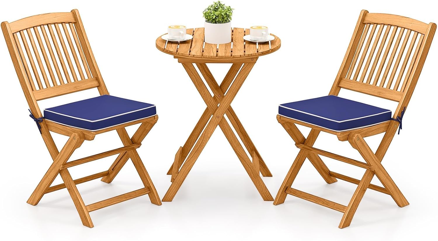 Tangkula 3 Pieces Acacia Wood Patio Folding Bistro Set, Outdoor Table and Chairs Set with Soft Cushions, Patio Furniture Set for Porch, Balcony, Garden, Deck and Backyard