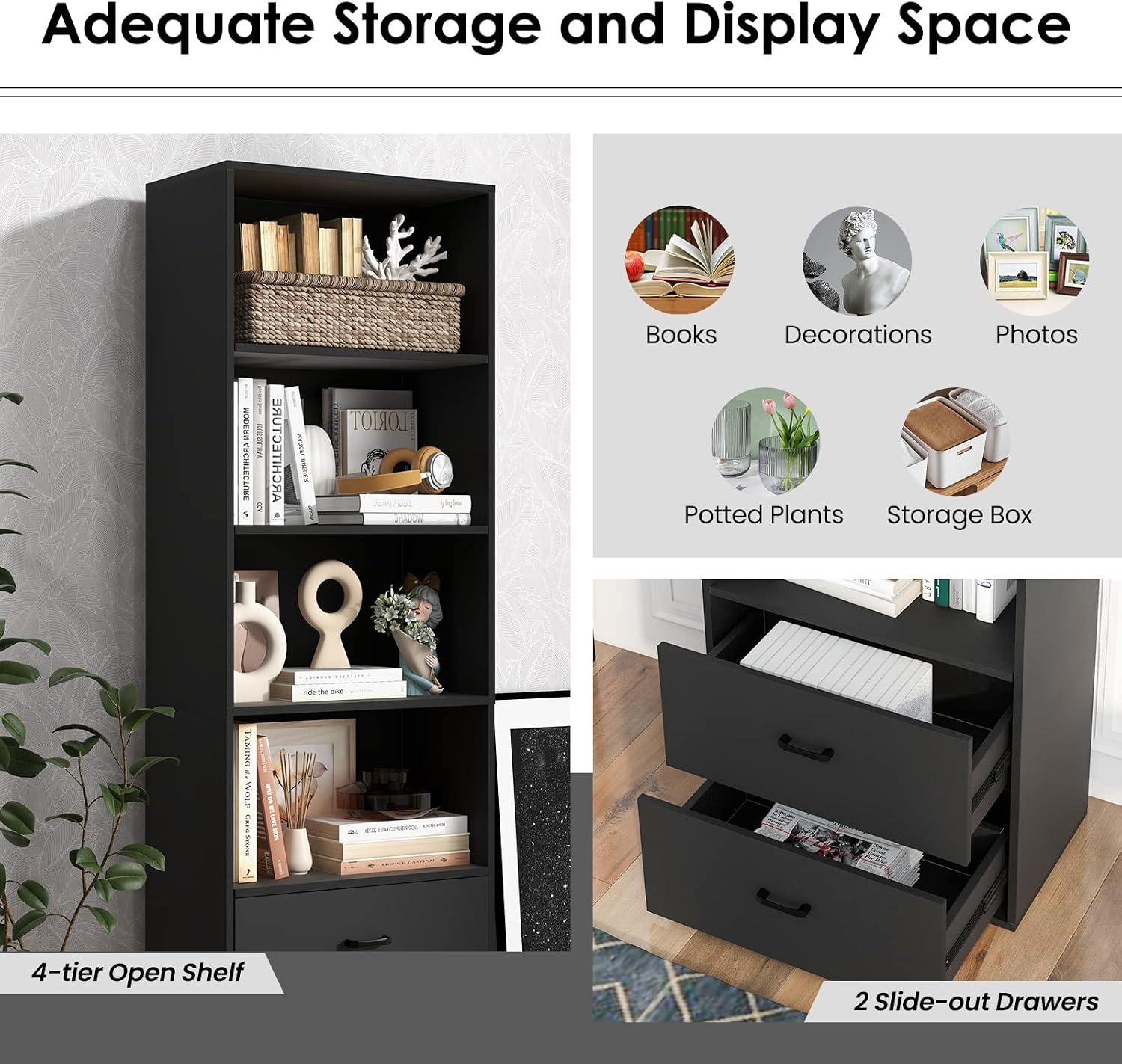 Tangkula 4 Shelf Bookcase with 2 Drawers, 74 Inch 4 Tiers Tall Open Bookshelf with 2 Slide-Out Drawers, Anti-toppling Device, Freestanding Wood Storage Shelf for Home Office (Black, 74' H)