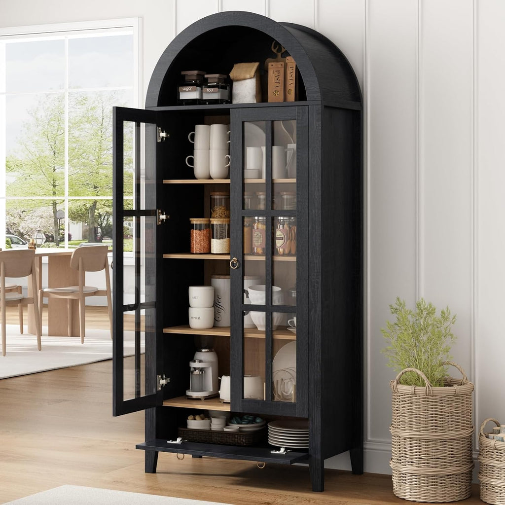 70' Tall Arched Cabinet, Modern Farmhouse Wooden Display Cabinet with Glass Doors, 6 Tier Bookshelf with Adjustable Shelves for Living Room, Office, Black