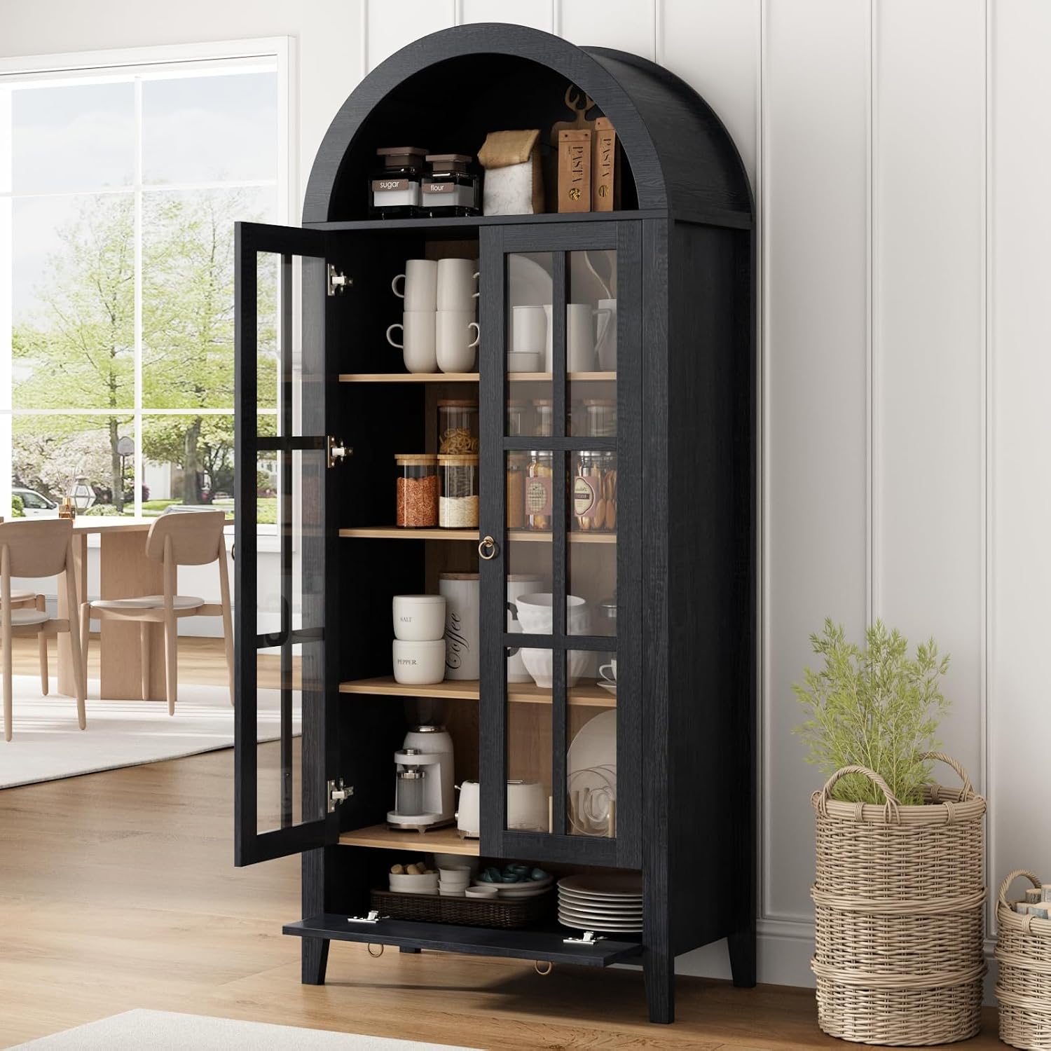 70' Tall Arched Cabinet, Modern Farmhouse Wooden Display Cabinet with Glass Doors, 6 Tier Bookshelf with Adjustable Shelves for Living Room, Office, Black