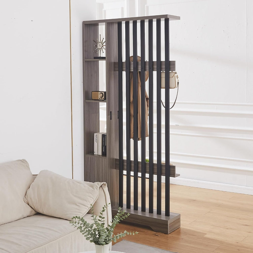 Room Divider with Shelves, Wall Room Divider Bookshelf, Freestanding Wood Privacy Screen with Storage Cabinet, Coat Rack, Display Shelf for Living Room Separation, Home Office Decorative (Grey)