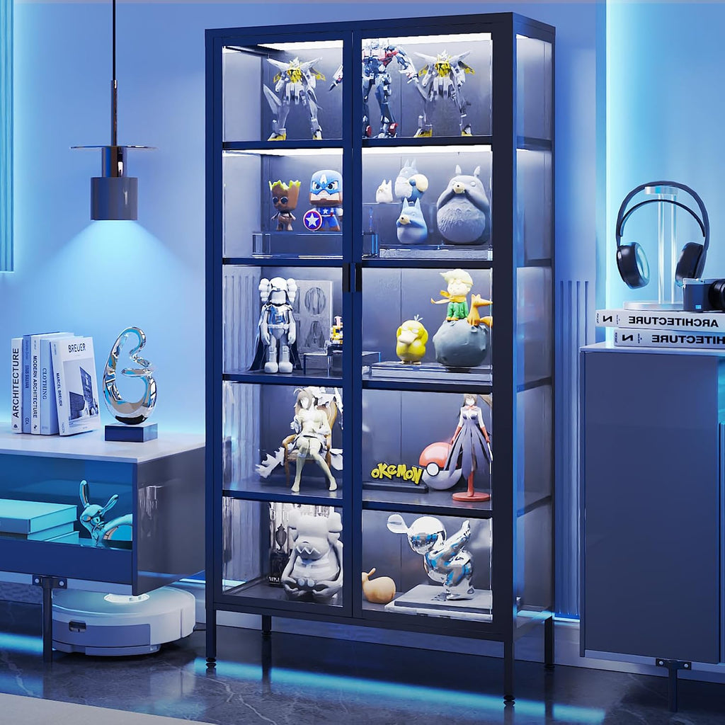 71' H Display Cabinet with Glass Doors,Display Case with LED Sensor Lights,Glass Display Cabinet with Adjustable Shelves and Feet,Display Cabinets for Living Room/Bedroom/Kitchen