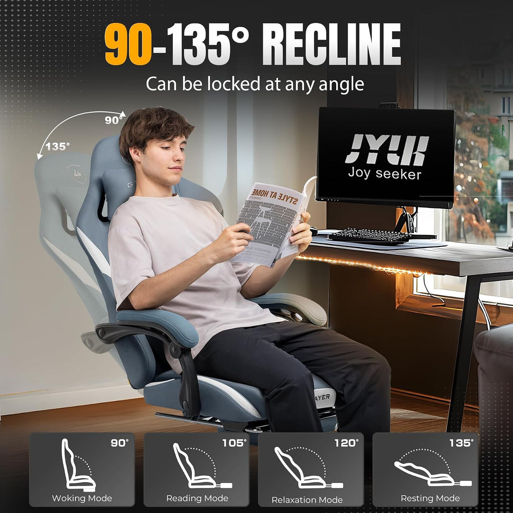 GTPLAYER Gaming Chair Ergonomic Office Chair with Foot Rest & Pocket Spring Cushion, High Back Computer Desk Chair with Headrest & Lumbar Support, Breathable Fabric Game Chair for Adults, Blue