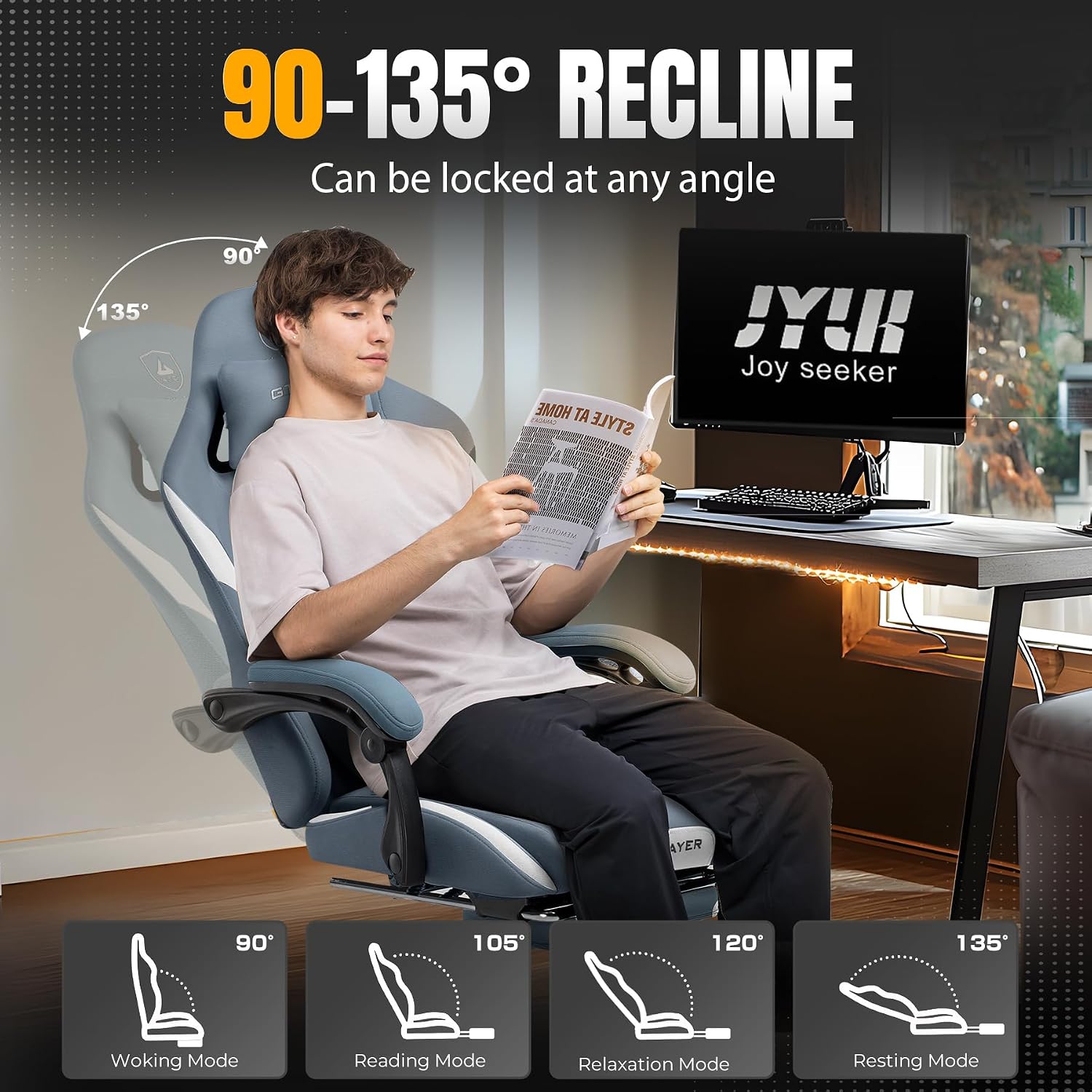 GTPLAYER Gaming Chair Ergonomic Office Chair with Foot Rest & Pocket Spring Cushion, High Back Computer Desk Chair with Headrest & Lumbar Support, Breathable Fabric Game Chair for Adults, Blue