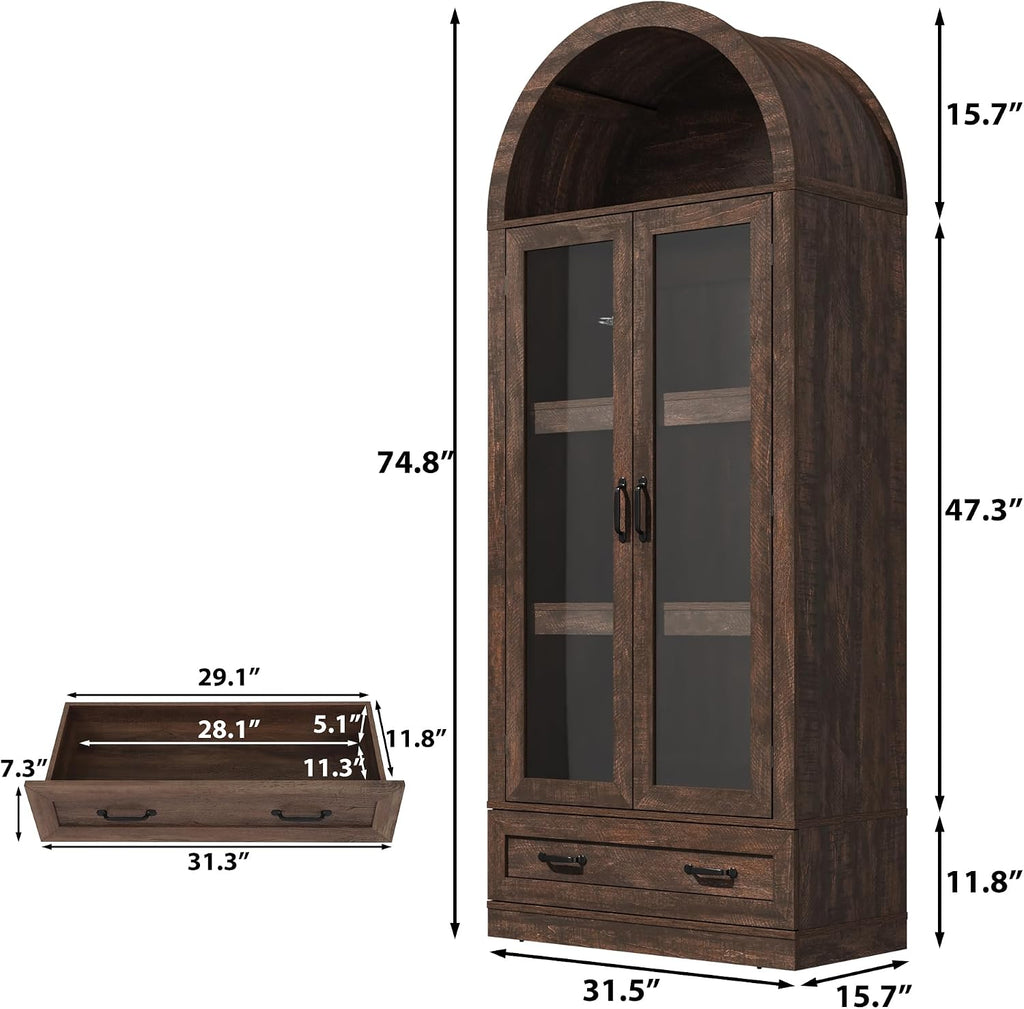 75' Tall Arched Kitchen Pantry Cabinet w Load-Bearing Steel Pipe,Modern Farmhouse Kitchens Storage Cabinet with Drawer and Glass Doors,Tall Arched Bookcase,Pantry Organizer(Rustic Brown)