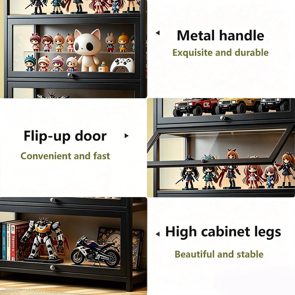 Display Cabinet with Acrylic Glass Door, 5 Tier Curio Display Case, Collectibles Toy Organizers Rack & Display Shelf, Kids Bookcase for Bedroom, Reading Nook, living Room, Bamboo (Black -flip Door)