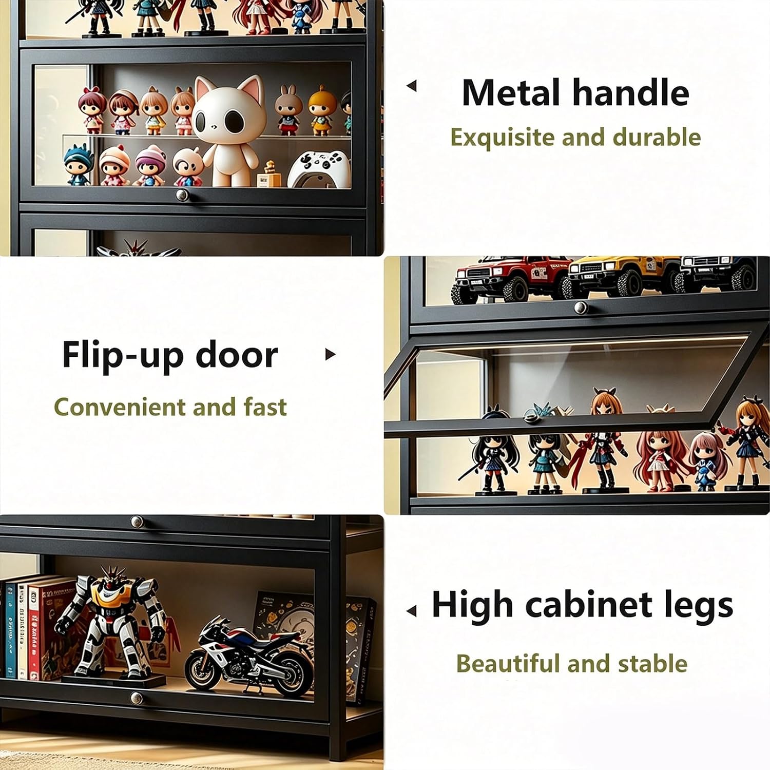 Display Cabinet with Acrylic Glass Door, 5 Tier Curio Display Case, Collectibles Toy Organizers Rack & Display Shelf, Kids Bookcase for Bedroom, Reading Nook, living Room, Bamboo (Black -flip Door)