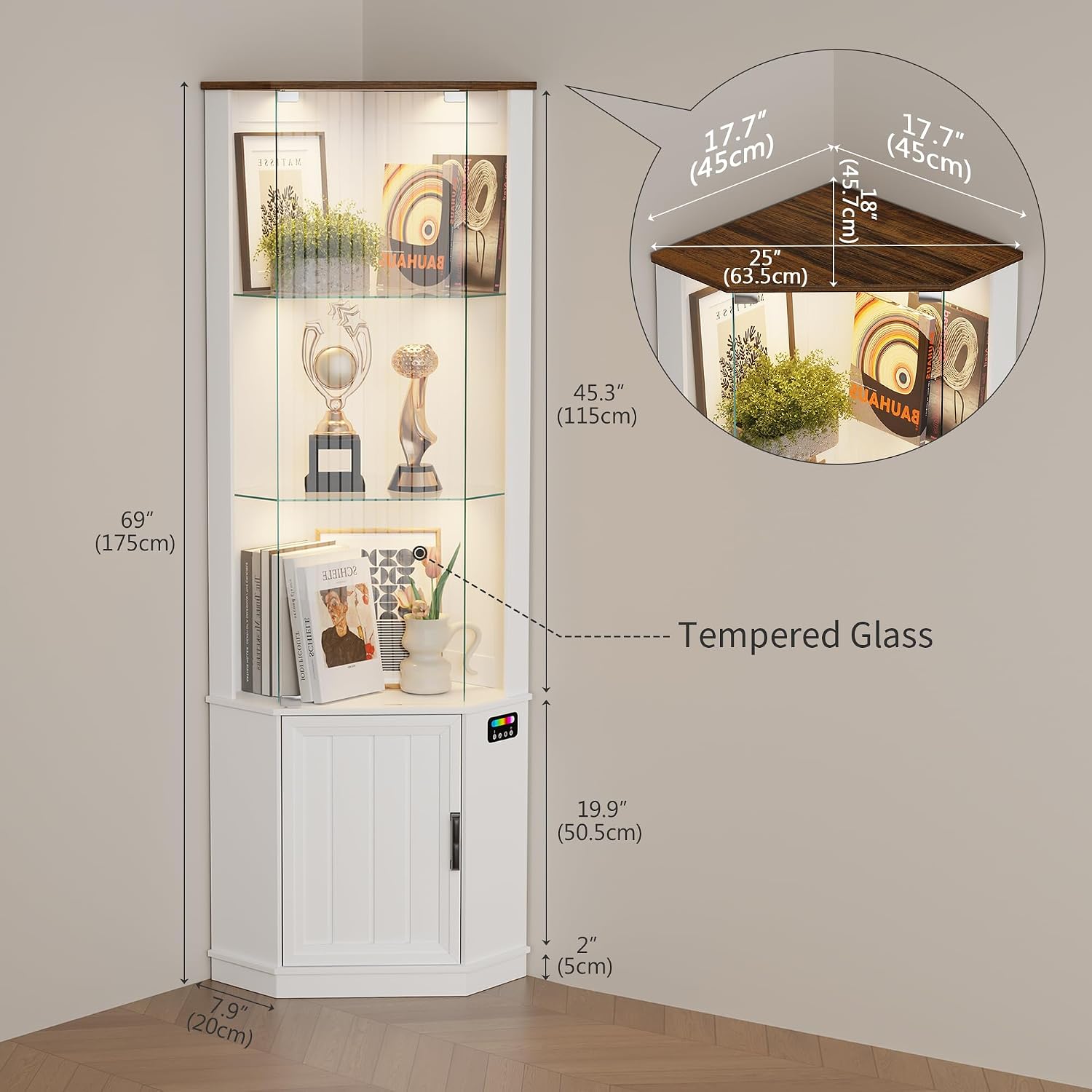 HNEBC 69' Tall Curio Display Cabinet with Glass Door and Movable Shelves,Corner Bookcase with LED Human Sensor Lights,5-Tier RGB Display Case for Collectibles,Bedroom Living Room