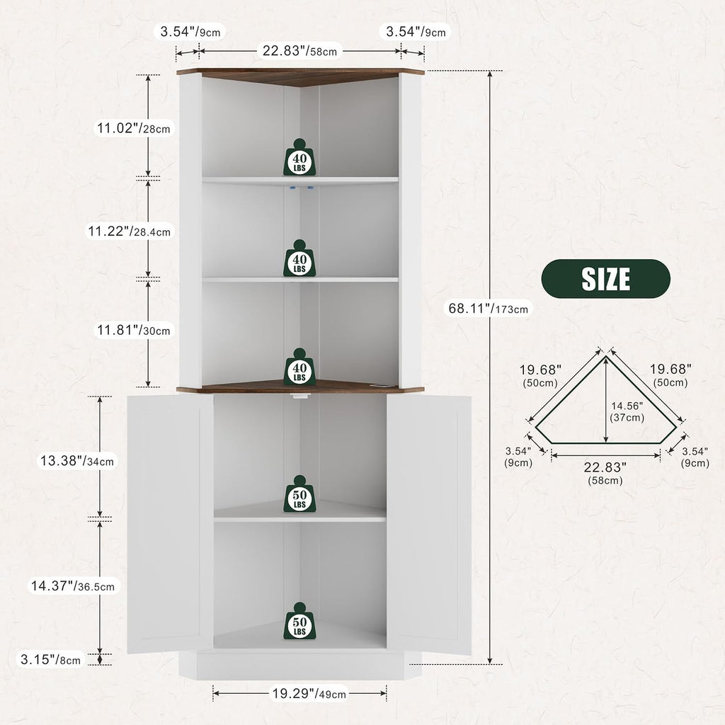 TAGELIER Farmhouse Corner Cabinet with LED Light, 67' Tall Bathroom Cabinet with 2 Doors and 3 Tier Shelves, Free Standing Corner Storage Cabinet for Living Room or Kitchen, White