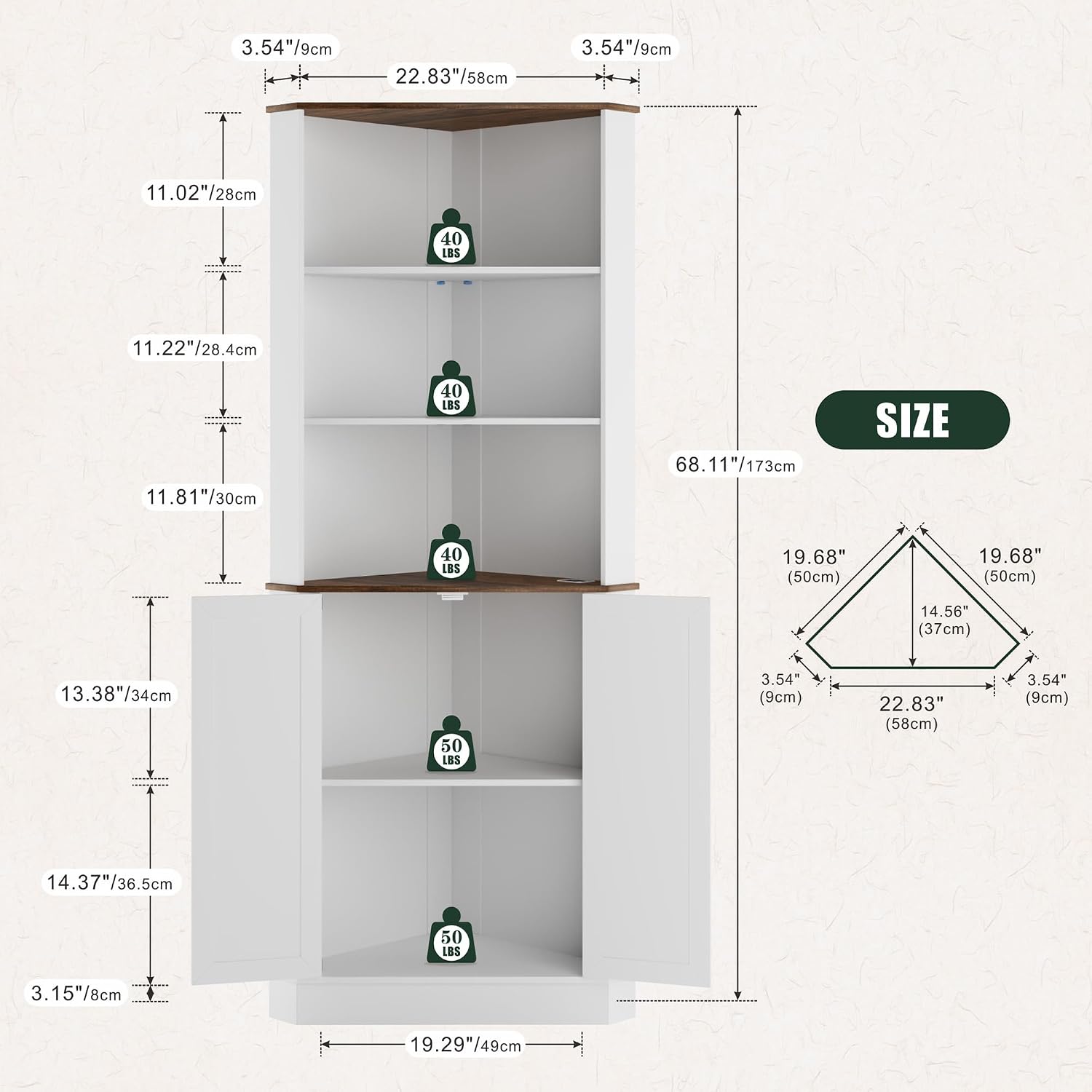 TAGELIER Farmhouse Corner Cabinet with LED Light, 67' Tall Bathroom Cabinet with 2 Doors and 3 Tier Shelves, Free Standing Corner Storage Cabinet for Living Room or Kitchen, White