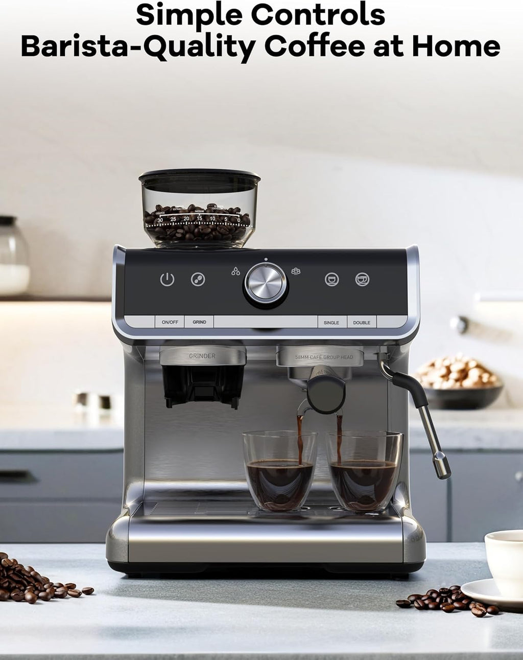Garvee 12 Inch Espresso Machine, 20 Bar Professional Coffee Maker with Grinder for Home, Coffee Machine with High Power Milk Frother, Digital LCD, Stainless Steel (Single/Double Brew)