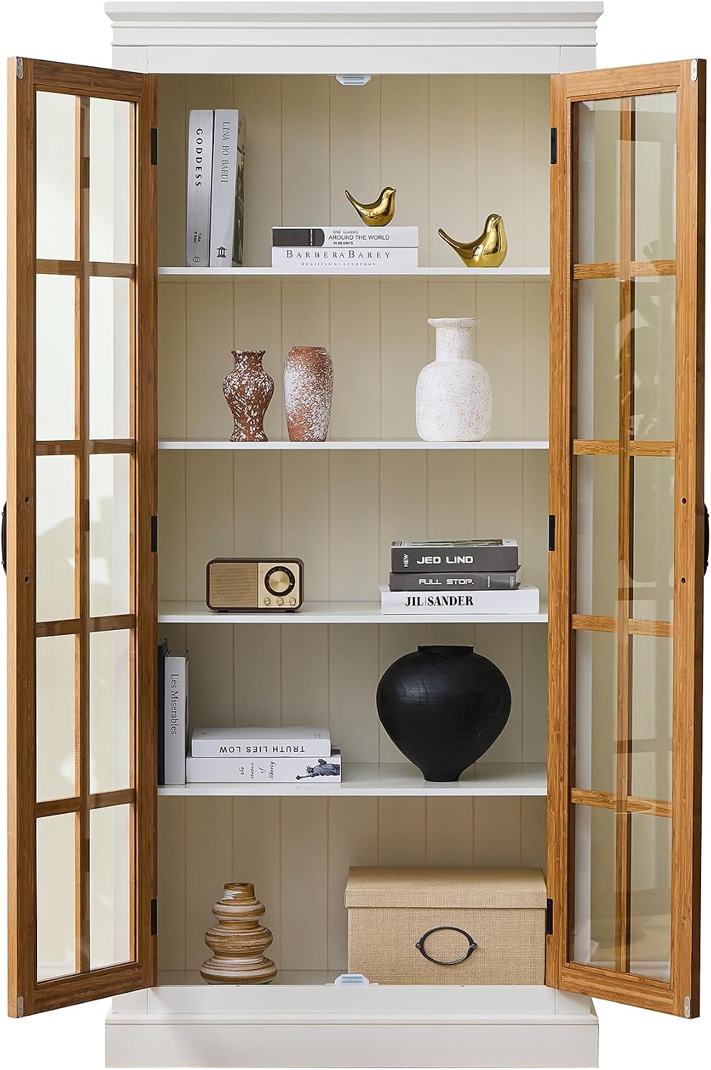 Merax 71.2'' Freestanding Farmhouse Style Glass Door Pantry Cabinet with Lattice Window, Curio Display Storage for Hallways, Living Room, Kitchen & Office,Brown & Black