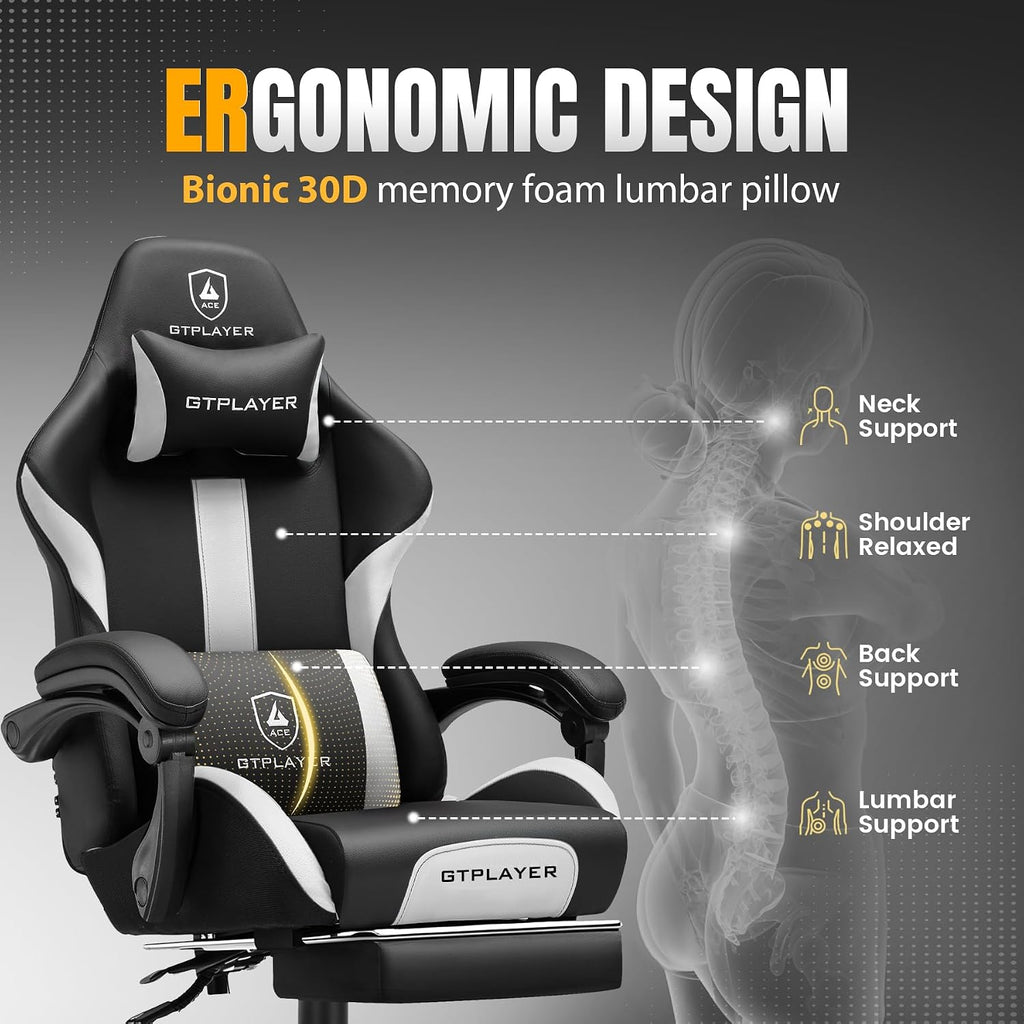 GTPLAYER Gaming Chair with Foot Rest & Pocket Spring Cushion, Ergonomic High Back Computer Chair with Headrest & 360°-Swivel Seat for Home Office Desk, PU Leather, White/Black