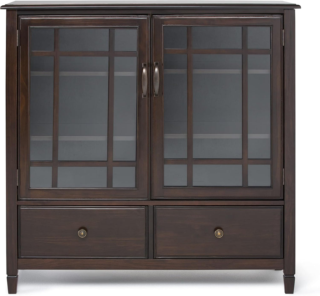 SIMPLIHOME Connaught Storage Cabinet - 46 inch Wide Solid Wood Tall Cabinet in Dark Chestnut Brown, Traditional Console for Living Room or Dining Room with Glass Doors, Adjustable Shelves, and Drawers