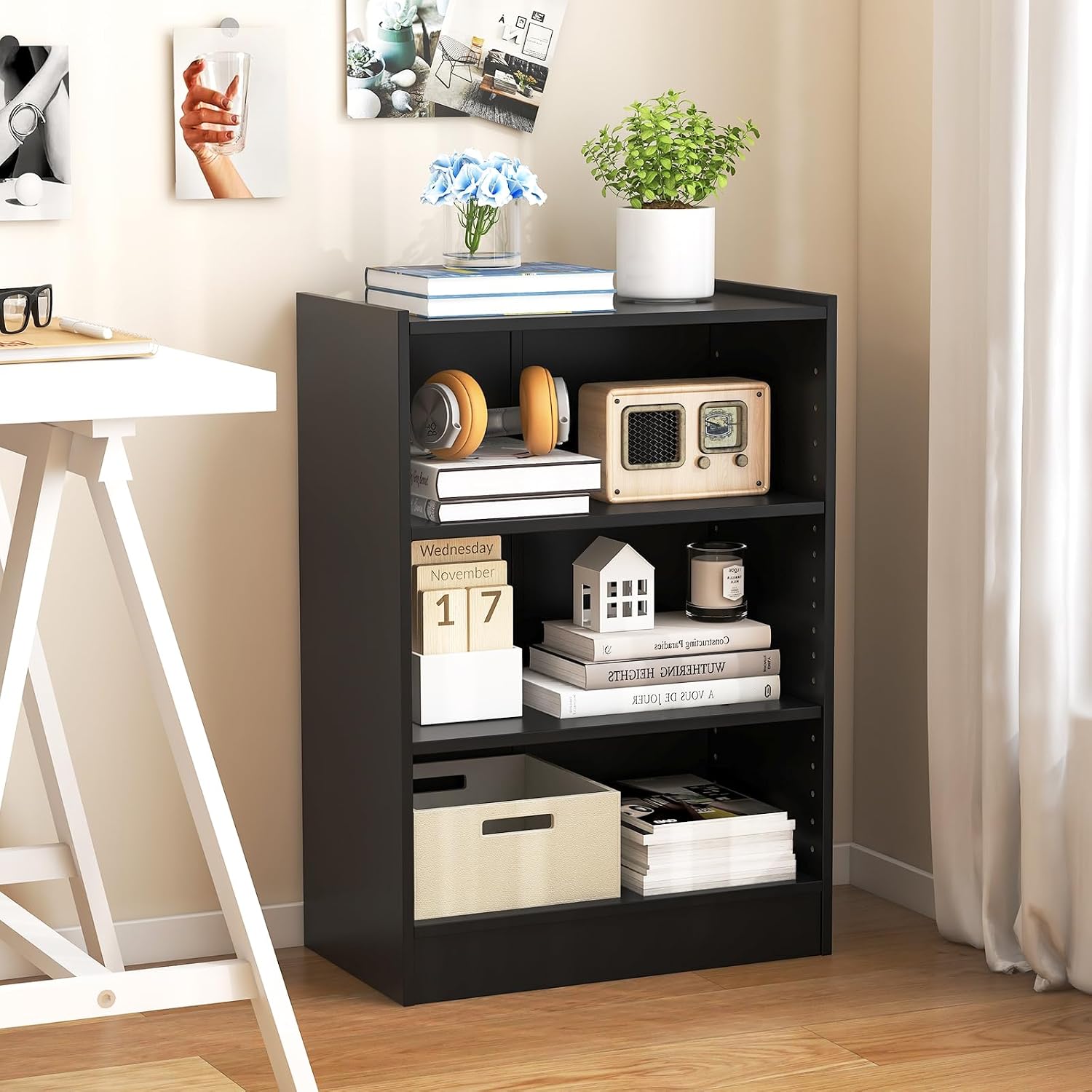 Tangkula 3 Tier Bookcase, Floor Standing Open Bookshelf with 18-Position Adjustable Shelves, Anti-toppling Device, Modern Multipurpose Display Storage Organizer for Living Room Study (2, Black)