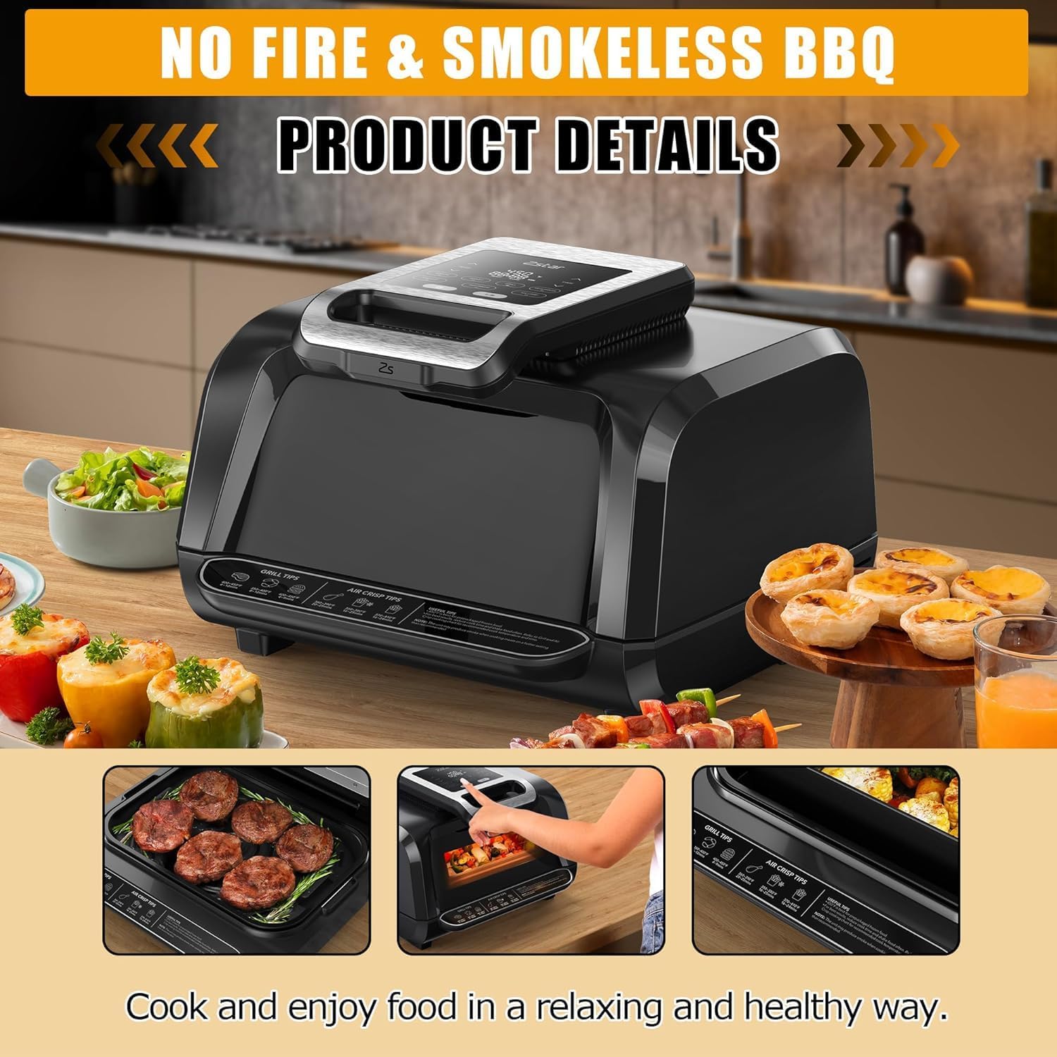 Indoor Smokeless Grill, Indoor Grill Air Fryer Combo with See, Electric Indoor Searing Grill with Adjustable Temperature Control, Nonstick Grate, Stainless Steel, 4Qt