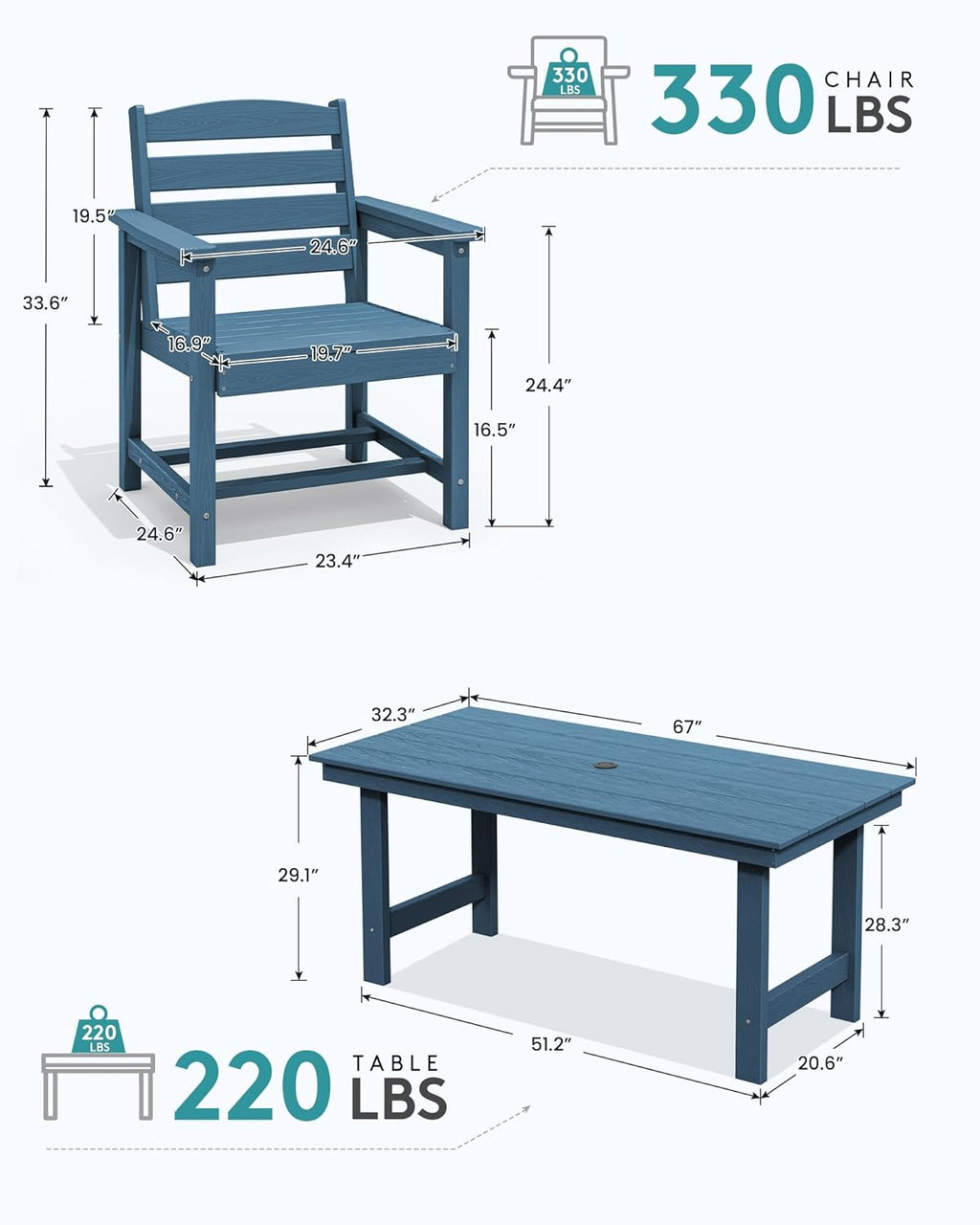 SERWALL Patio Dining Table and Bench Set for 6, Blue