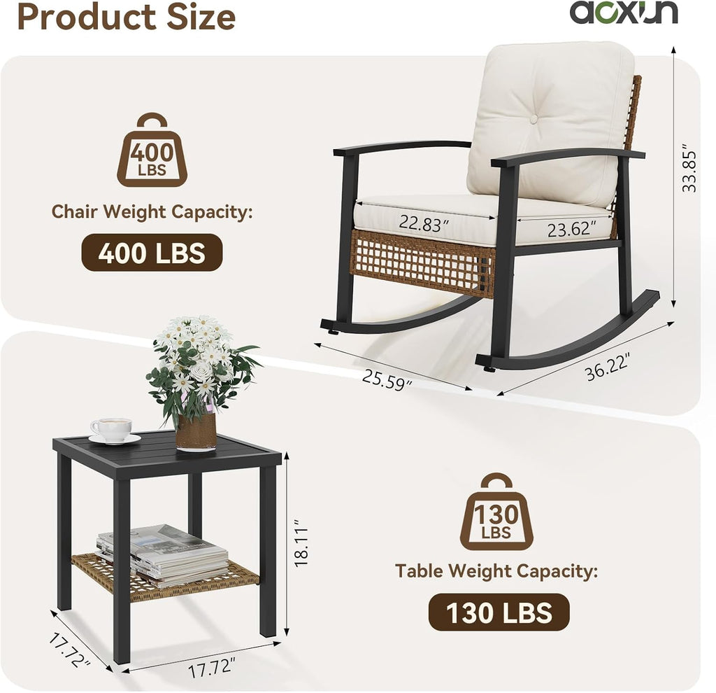 Aoxun 3-Piece Outdoor Rocking Bistro Set, Patio Furniture Set with Coffee Table and Thick Cushions, Wicker Rocking Chairs Set of 2 for Garden, Balcony, Backyard, Poolside (Beige)