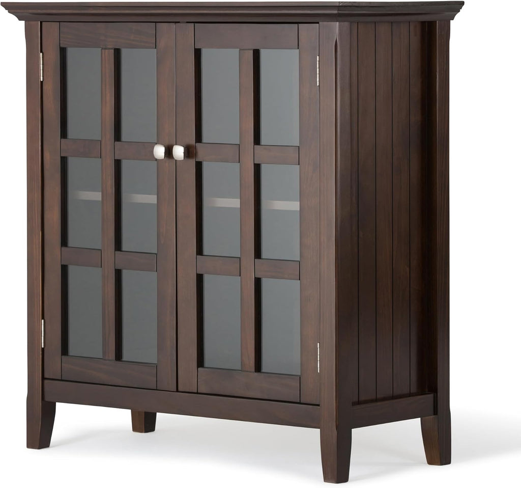 SIMPLIHOME Acadian Storage Cabinet - 35 inch Wide Solid Wood Low Storage Cabinet in Brunette Brown, Transitional Cabinet for Living Room or Entryway with Glass Doors and Adjustable Shelves