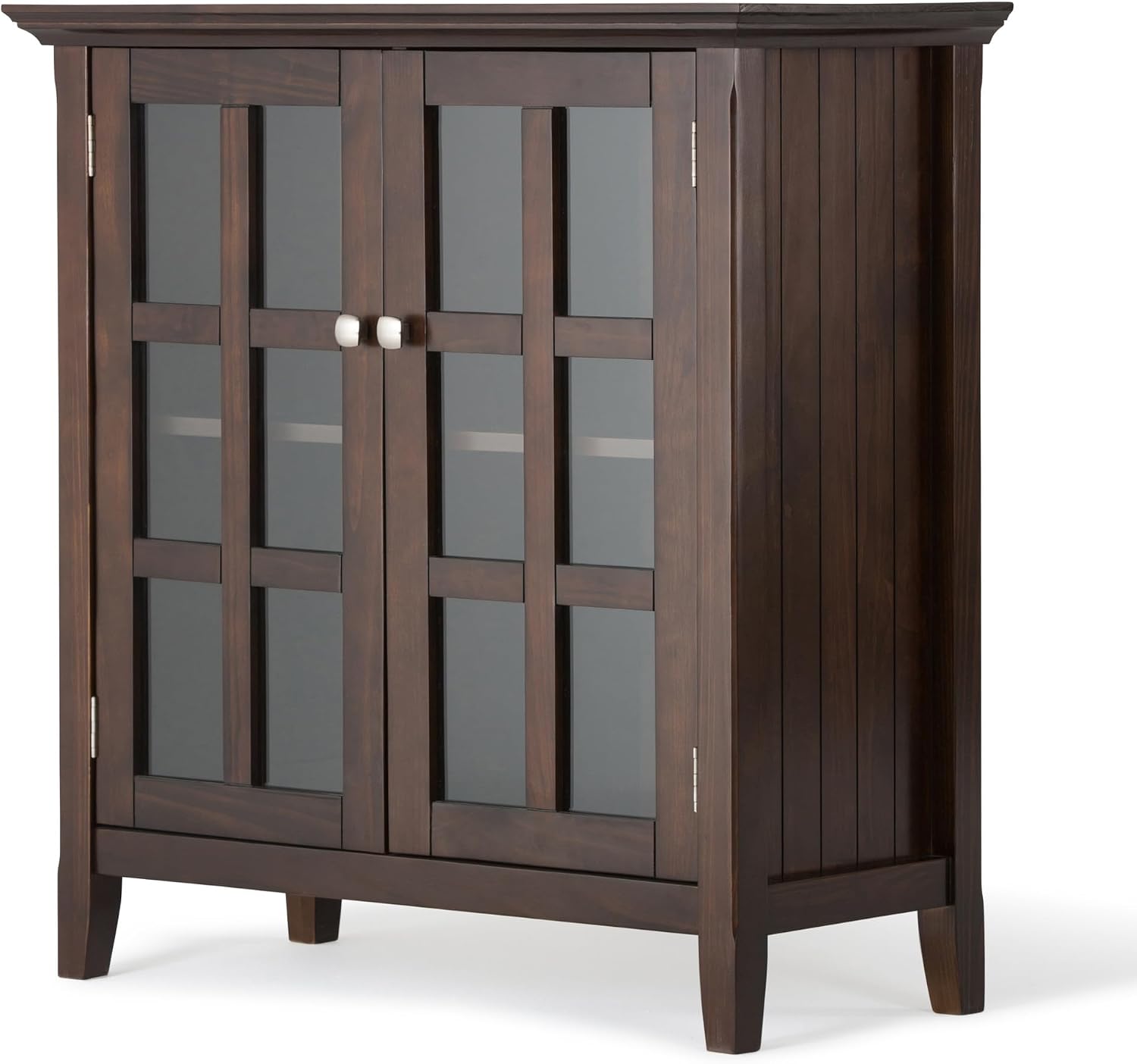 SIMPLIHOME Acadian Storage Cabinet - 35 inch Wide Solid Wood Low Storage Cabinet in Brunette Brown, Transitional Cabinet for Living Room or Entryway with Glass Doors and Adjustable Shelves