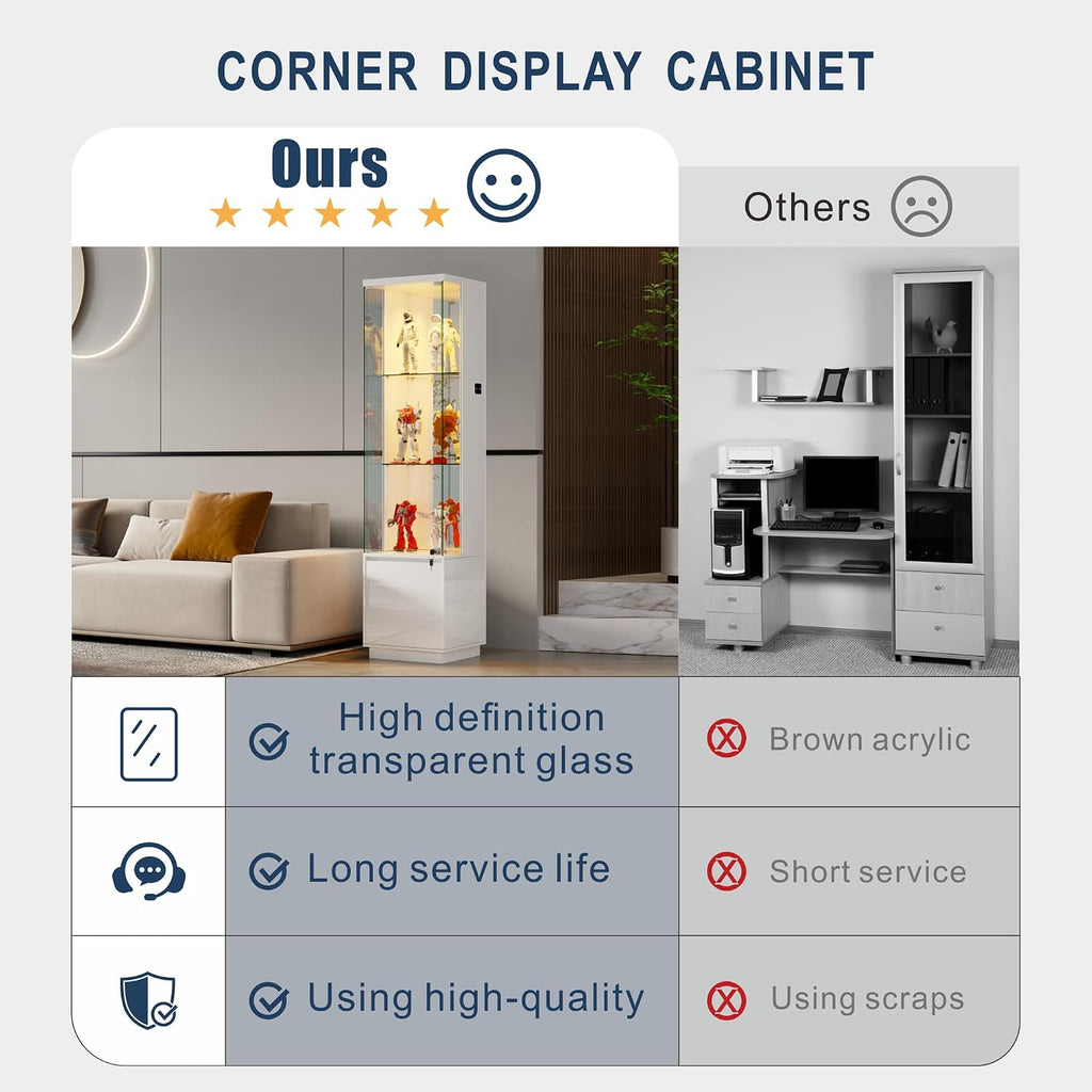 HNEBC Corner Glass Display Cabinet with Lockable&3 Color Lights for Living Room White, Curio Cabinet with Adjustable Glass Shelf for Liquor Figurine Bookcase for Living Room