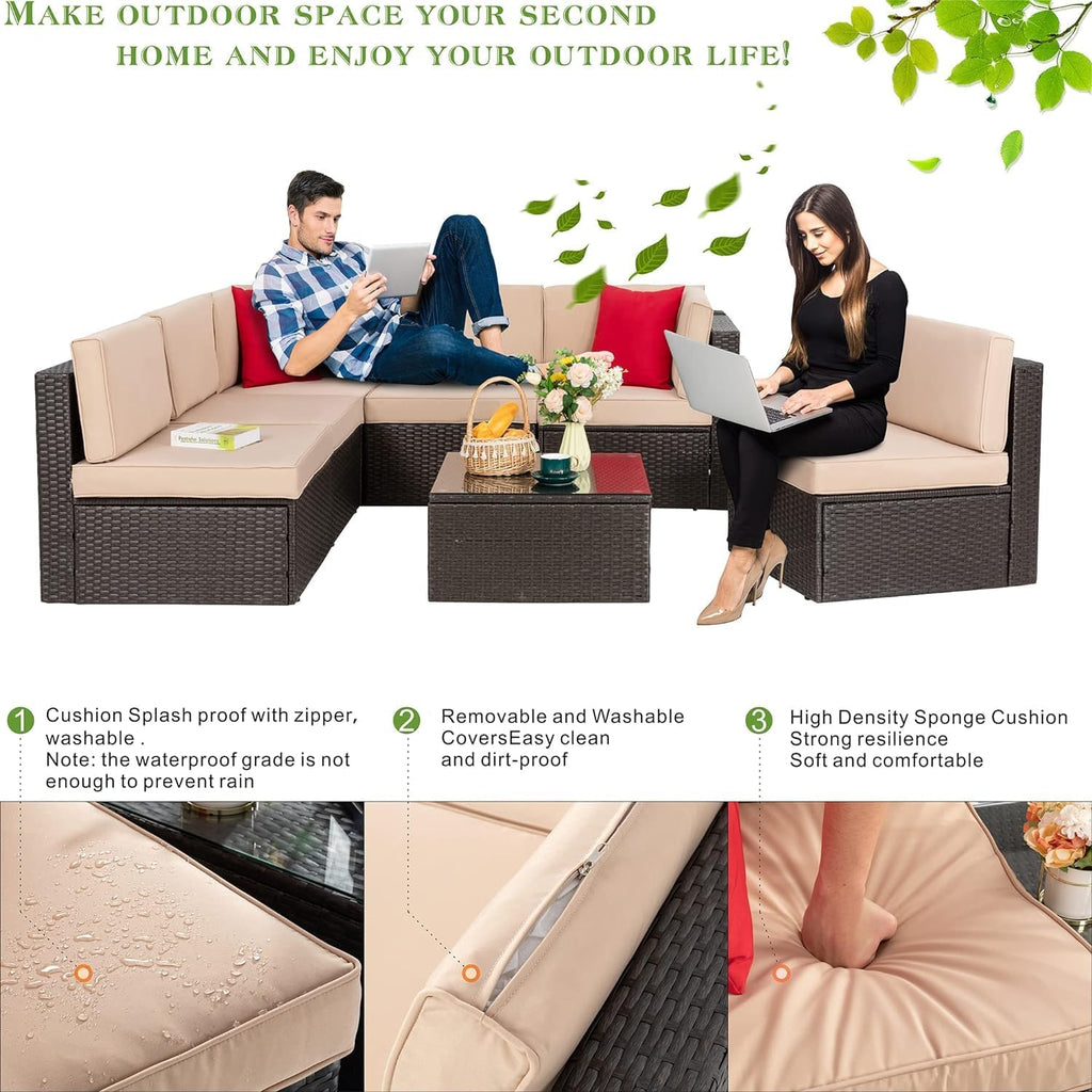Vongrasig 7 Pieces Patio Furniture Sets, Outdoor Patio Conversation Set PE Rattan Wicker Sectional Sofa Couch with Glass Coffee Table for Garden, Poolside, Backyard, Beige