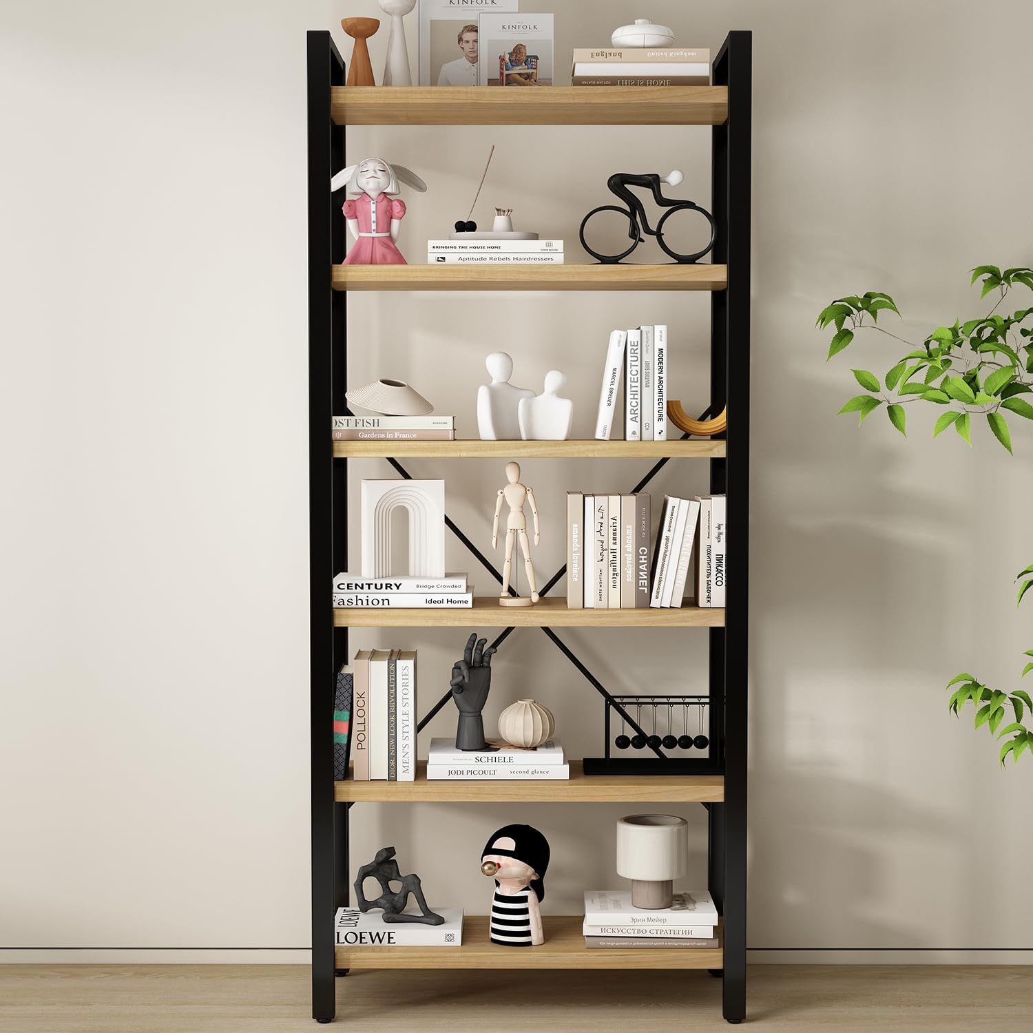 WH-AOERPUMY Real Solid Wood Rustic Vintage Industrial Etagere Bookshelf, Metal & Timber Free Vintage Bookcase, Retro Brown (Genuine Timber) (6-Tiers-Natural Finish)