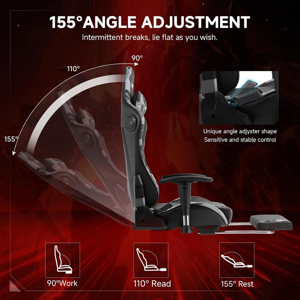 GTPLAYER Gaming Chair,Gamer Chair with Bluetooth and Adjustable Backrest,Seat Height Adjustable Computer Chairs with 3D Armrests,Video Game Chair with Footrest Speakers (Camouflage)