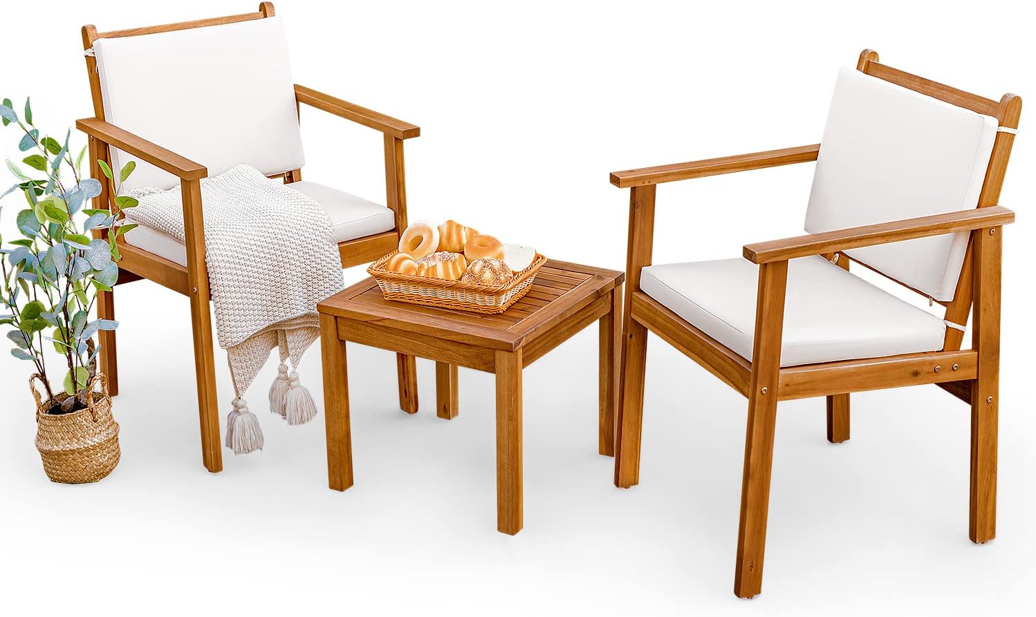 Greesum 3 Piece Bistro Patio Furniture Outdoor Chat Chair Set with Water Resistant Cushions and Coffee Table for Beach Backyard Garden, Beige
